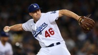 Los Angeles Dodgers relief pitcher Corey Knebel (46) pitches in the eighth inning against the Atlanta Braves during game five of the 2021 NLCS at Dodger Stadium.