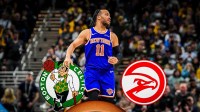 Knicks' Jalen Brunson jumping over a Celtics logo and a Hawks logo.