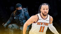 Need cover image of Jalen Brunson looking stunned while a random opposing player in a stereotypical burglars outfit appears to run away with a basketball