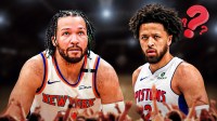 Knicks Jalen Brunson looking scared in the direction of Pistons' Cade Cunningham's body and a question mark over his head .