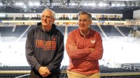 Tim Leiweke, left, and Tod Leiweke speaks to the press during the Coachella Valley Firebirds first practice on the main rink at Acrisure Arena in Thousand Palms, Calif., Dec. 12, 2022. Firebirds Practice 12