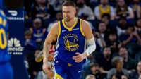 Golden State Warriors center Kristaps Porzingis (7) celebrates during the third quarter against the Chicago Bulls at Chase Center.