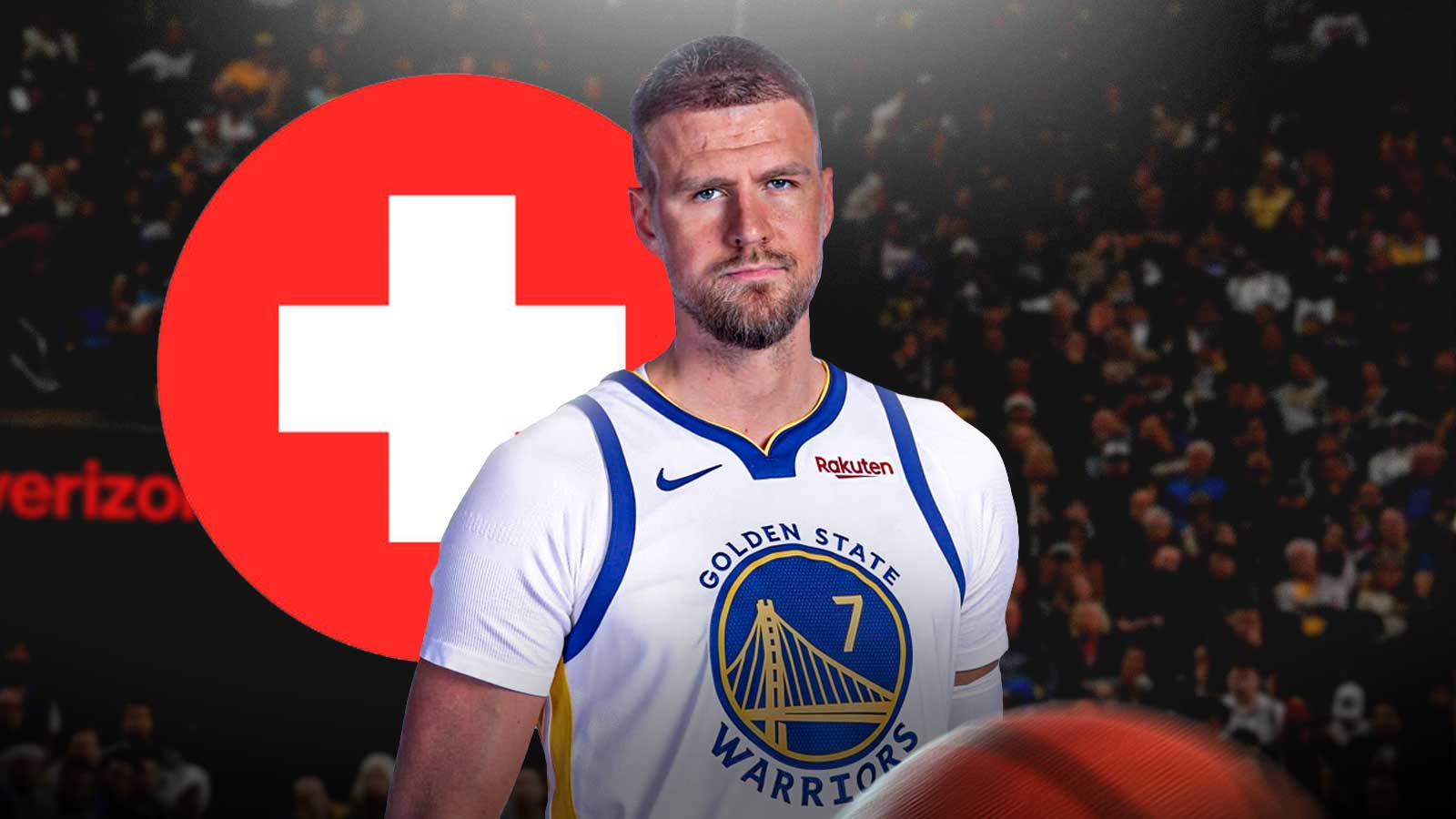 Kristaps Porzingis looking down and sad with a red health cross symbol next to him