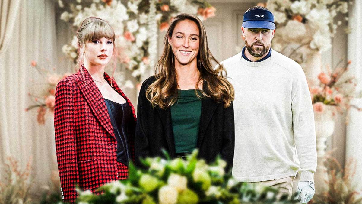 Kylie Kelce in the middle of Taylor Swift and Travis Kelce with wedding background.