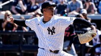 New York Yankees pitcher Carlos Lagrange (84) throws against Detroit Tigers during the first inning at George M. Steinbrenner Field in Tampa, Fla. on Saturday, Feb. 21, 2026.