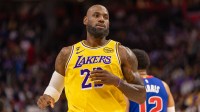 Los Angeles Lakers LeBron James (23) runs up court against the Detroit Pistons during the first quarter at Little Caesars Arena.