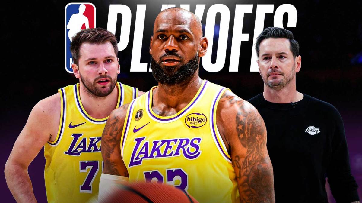Graphic with Los Angeles Lakers LeBron James, Luka Doncic, and JJ Redick with the NBA Playoffs logo