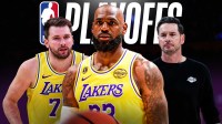 Graphic with Los Angeles Lakers LeBron James, Luka Doncic, and JJ Redick with the NBA Playoffs logo