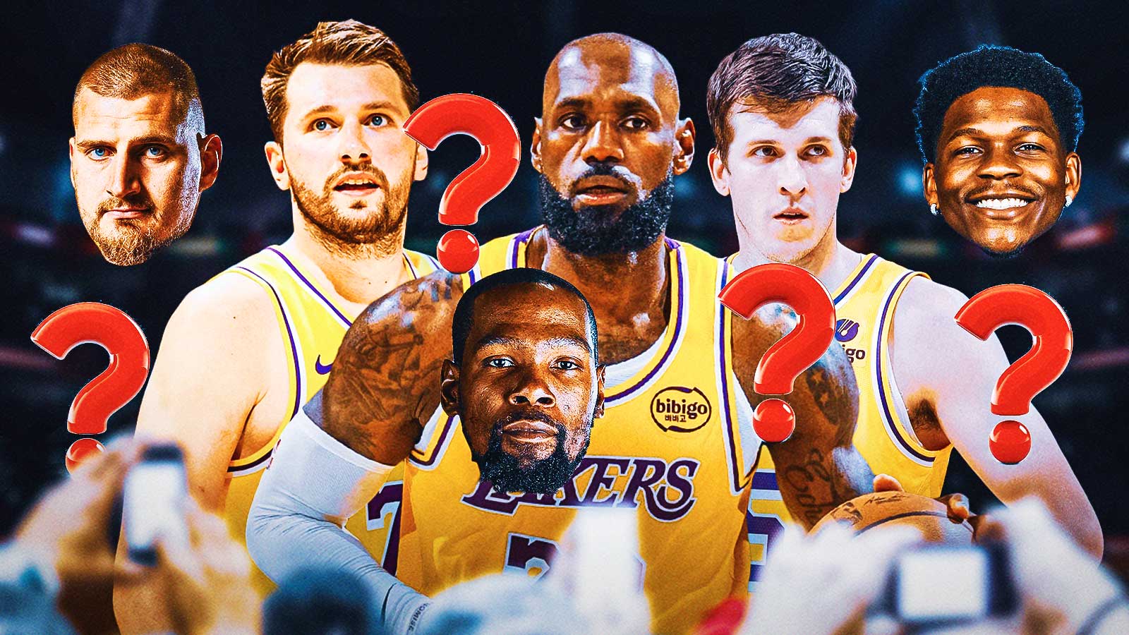 Lakers' Luka Doncic, LeBron James, and Austin Reaves in the middle, question marks all over, with head cutouts of Nuggets' Nikola Jokic, Rockets' Kevin Durant, and Timberwolves' Anthony Edwards all over the three