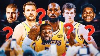 Lakers' Luka Doncic, LeBron James, and Austin Reaves in the middle, question marks all over, with head cutouts of Nuggets' Nikola Jokic, Rockets' Kevin Durant, and Timberwolves' Anthony Edwards all over the three
