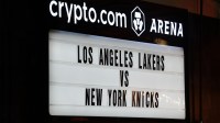 The Crypto.com Arena marque sign during the game between the Los Angeles Lakers and the New York Knicks.