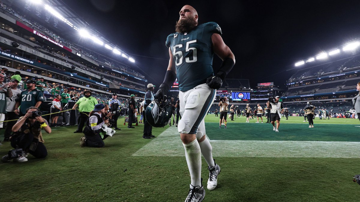 Philadelphia Eagles offensive tackle Lane Johnson (65) after a victory against the Dallas Cowboys at Lincoln Financial Field