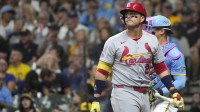 St. Louis Cardinals outfielder Lars Nootbaar (21) strikes out against the Milwaukee Brewers in the fourth inning at American Family Field.