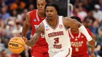 Alabama Crimson Tide guard Latrell Wrightsell Jr. (3) dribbles the ball past Texas Tech Red Raiders forward Josiah Moseley (5) in the first half during a second round game of the men's 2026 NCAA Tournament at Benchmark International Arena.