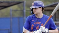 New York Mets outfielder Carson Benge steps up to take batting practice during spring training workouts at Clover Park.