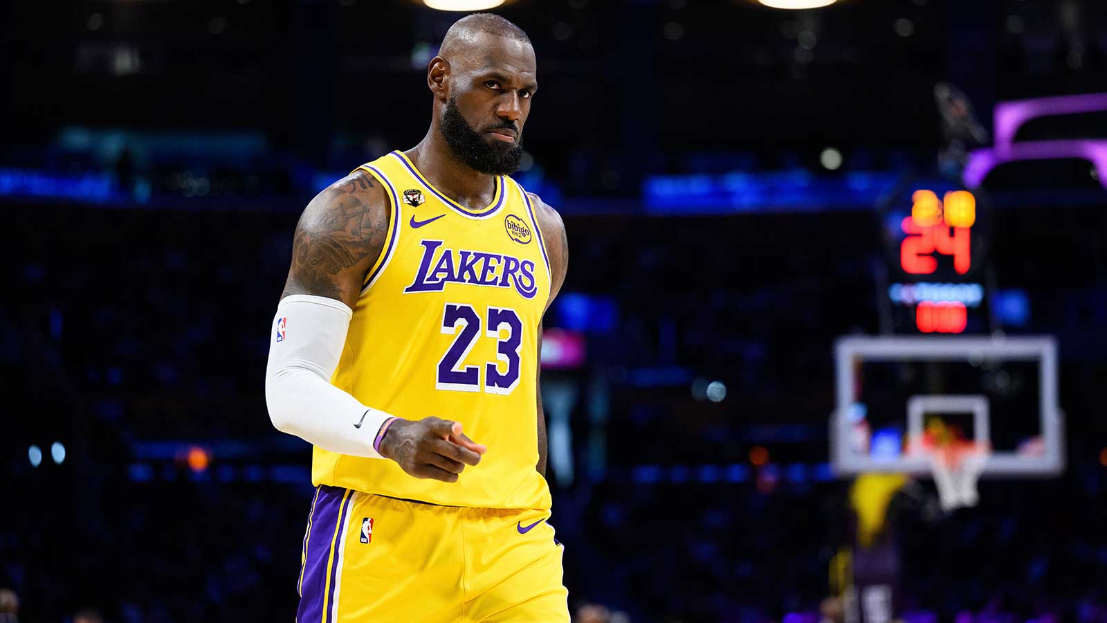 Los Angeles Lakers forward LeBron James (23) gestures during the first half against the Denver Nuggets at Crypto.com Arena. 