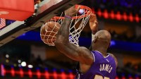 Los Angeles Lakers forward LeBron James (23) dunks against the Houston Rockets in the second half at Toyota Center.