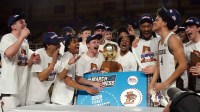 The Lehigh Mountain Hawks celebrate after defeating the Boston University Terriers in the Patriot League Championship at Stabler Arena.