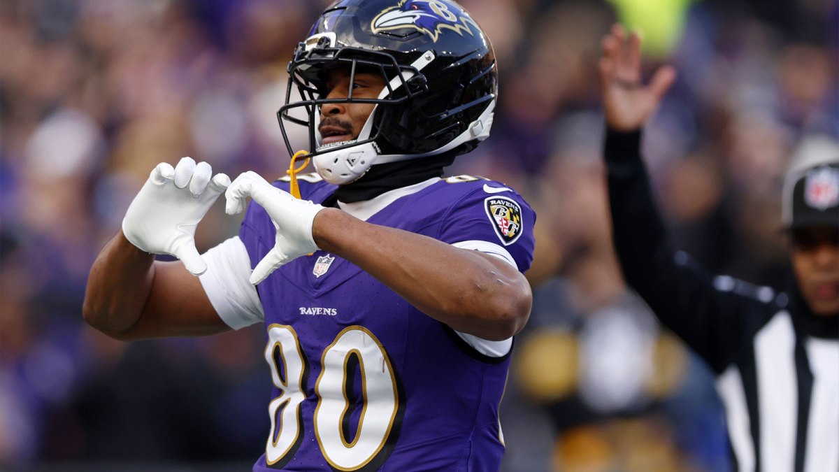Baltimore Ravens tight end Isaiah Likely (80) reacts after scoring a touchdown against the Pittsburgh Steelers during the second half at M&T Bank Stadium.