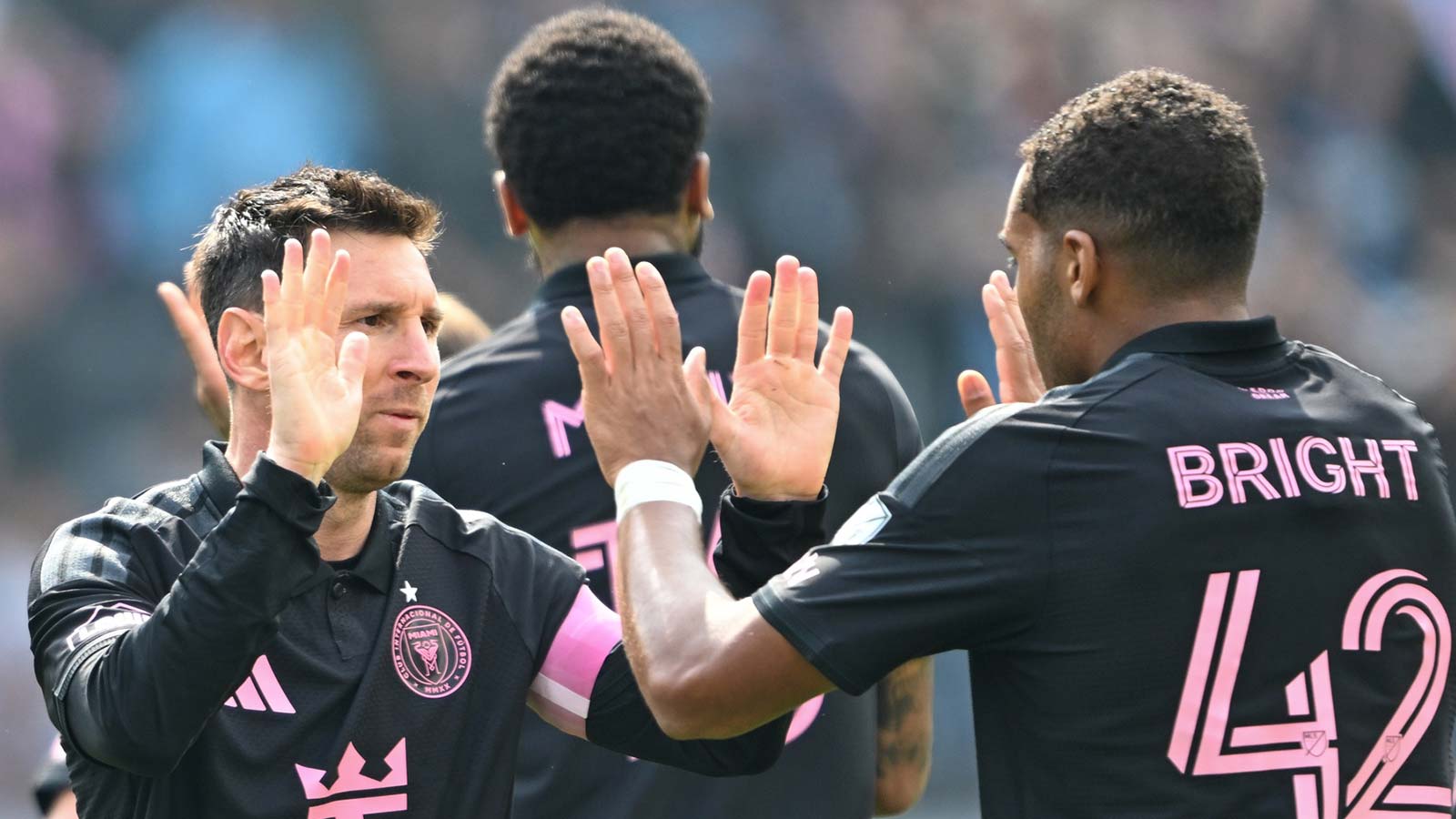 Inter Miami forward Lionel Messi (10) celebrates his goal with Inter Miami midfielder Yannick Bright (42) during the second half against the New York City FC at Yankee Stadium. 
