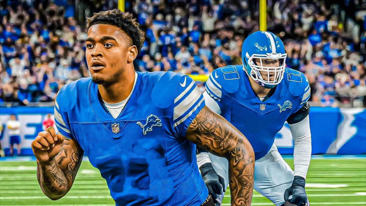 Auburn edge rusher Keldric Faulk and Georgia tackle Monroe Freeling both wearing Detroit Lions jerseys. There is also a logo for the Detroit Lions in the background.