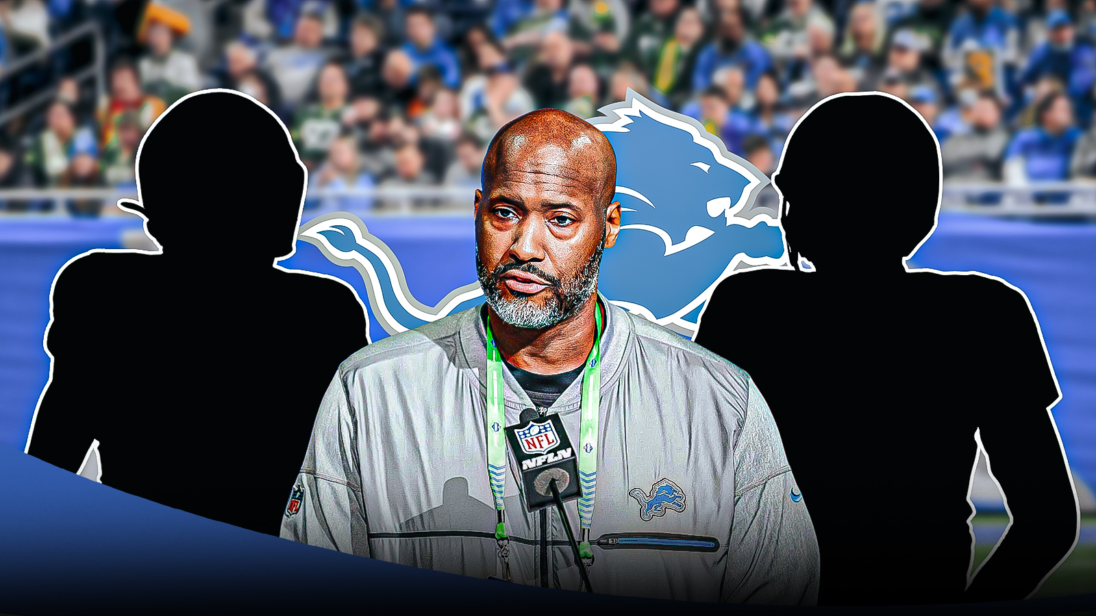 Detroit Lions GM Brad Holmes with two silhouttes of American football players with big question mark emojis inside. There is also a logo for the Detroit Lions in the background.