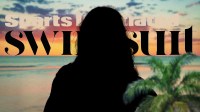 Silhouette of Olivia Livvy Dunne with Sports Illustrated SI Swimsuit Issue magazine logo and beach background.