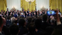 President Donald Trump speaks during a ceremony honoring the members of the 2024 World Series Champion Los Angeles Dodgers in the East Room at the White House.