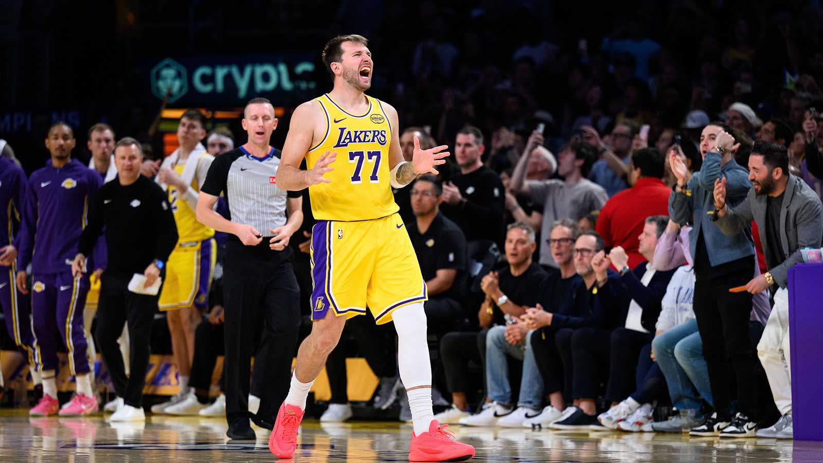 Los Angeles Lakers guard Luka Doncic (77) reacts after missing a shot during the second half against the Denver Nuggets at Crypto.com Arena.