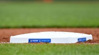 A general view of first base with Father's Day logo on it during game between Philadelphia Phillies and Toronto Blue Jays at Citizens Bank Park.