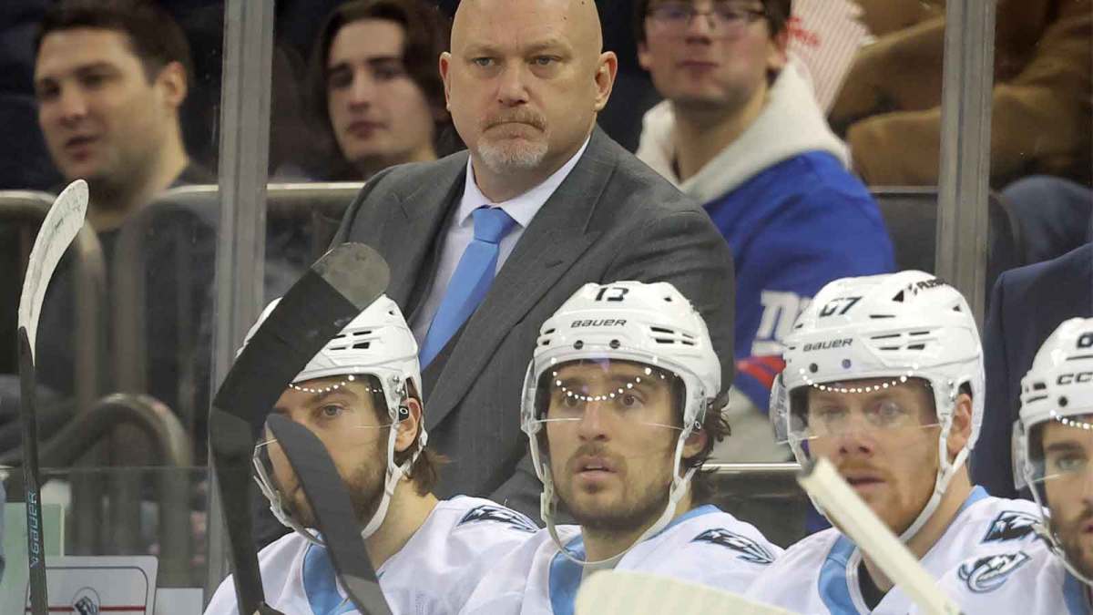 Utah Mammoth head coach Andre Tourigny coaches against the New York Rangers during the first period at Madison Square Garden.