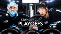 Dylan Guenther on right. Stanley Cup Playoffs logo in middle. Karel Vajmelka on left