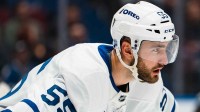 Toronto Maple Leafs forward Nicolas Roy (55) during a stop in play against the Vancouver Canucks in the second period at Rogers Arena. Mandatory Credit: