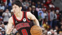 Mar 18, 2026; Chicago, Illinois, USA; Chicago Bulls guard Yuki Kawamura (8) drives to the basket against the Toronto Raptors during the second half at United Center. Mandatory Credit: Kamil Krzaczynski-Imagn Images