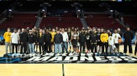 Mar 18, 2026; Portland, OR, USA; The Kennesaw State Owls team on the court during a practice session ahead of the first round of the men's 2026 NCAA Tournament at Moda Center. Mandatory Credit: Craig Strobeck-Imagn Images