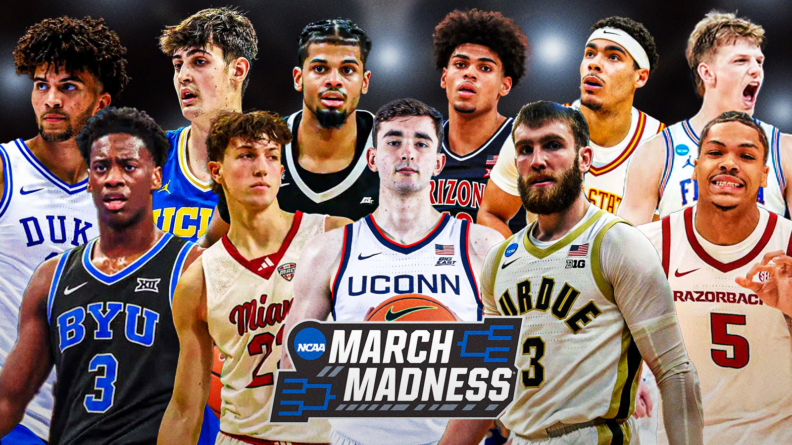Cameron Boozer, AJ Dybantsa, Aday Mara, Brant Byers, Bryce Hopkins, Alex Karaban, Koa Peat, Braden Smith, Darius Acuff Jr., Tamin Lipsey, Thomas Haugh all together. March Madness logo front and center. The background is March Madness bracket