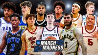 Cameron Boozer, AJ Dybantsa, Aday Mara, Brant Byers, Bryce Hopkins, Alex Karaban, Koa Peat, Braden Smith, Darius Acuff Jr., Tamin Lipsey, Thomas Haugh all together. March Madness logo front and center. The background is March Madness bracket