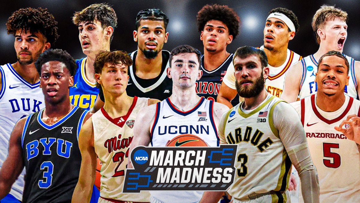 Cameron Boozer, AJ Dybantsa, Aday Mara, Brant Byers, Bryce Hopkins, Alex Karaban, Koa Peat, Braden Smith, Darius Acuff Jr., Tamin Lipsey, Thomas Haugh all together. March Madness logo front and center. The background is March Madness bracket