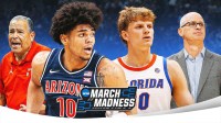 Arizona F Koa Peat, Florida F Thomas Haugh, Houston coach Kelvin Sampson and UConn HC Dan Hurley March Madness logo in front