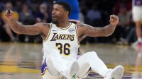 Los Angeles Lakers guard Marcus Smart (36) reacts against the New York Knicks in the first half at Crypto.com Arena.