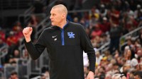 Kentucky Wildcats head coach Mark Pope reacts during the first half against the Iowa State Cyclones during a second round game of the men's 2026 NCAA Tournament at Enterprise Center.