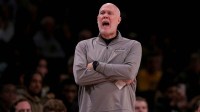 Nov 17, 2023; Brookyln, NY, USA; St. Bonaventure Bonnies head coach Mark Schmidt coaches against the Auburn Tigers during the first half at Barclays Center. Mandatory Credit: Brad Penner-Imagn Images