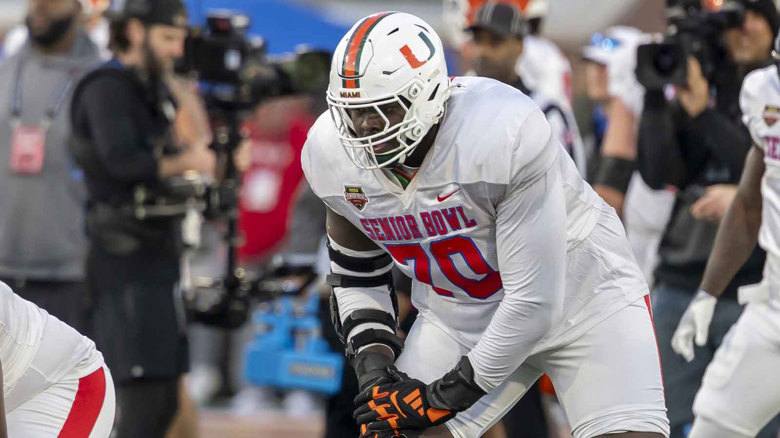 American Team offensive lineman Markel Bell (70) of Miami lines up during American Senior Bowl practice at Hancock Whitney Stadium. 