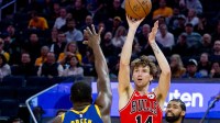 Mar 10, 2026; San Francisco, California, USA; Chicago Bulls forward Matas Buzelis (14) shoots during overtime against the Golden State Warriors at Chase Center. Mandatory Credit: Bob Kupbens-Imagn Images