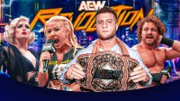 MJF, Adam Page, Thekla, Toni Storm; Background - AEW Revolution 2026