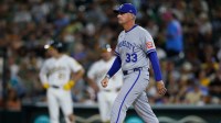 Kansas City Royals manager Matt Quatraro (33) walks to the mound for a pitching change during the fifth inning against the Athletics at Sutter Health Park.