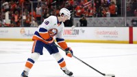 New York Islanders defenseman Matthew Schaefer (48) warms up before the game against the Anaheim Ducks at Honda Center.