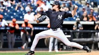 New York Yankees starting pitcher Max Fried (54) throws a pitch in the first inning against the Baltimore Orioles during spring training at George M. Steinbrenner Field.