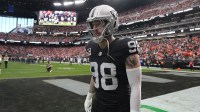 Las Vegas Raiders defensive end Maxx Crosby (98) on the field prior to a game against the Denver Broncos at Allegiant Stadium