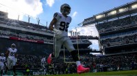 Las Vegas Raiders defensive end Maxx Crosby (98) runs onto the field before the game against the Philadelphia Eagles at Lincoln Financial Field. Mandatory Credit: Bill Streicher-Imagn Images